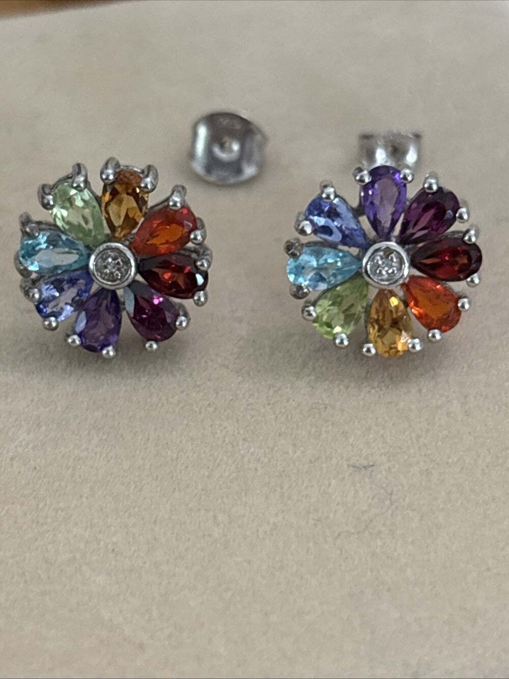 STS Chuck Clemency Sterling Multi Gem Floral Stud Earrings Rainbow Pear Cut